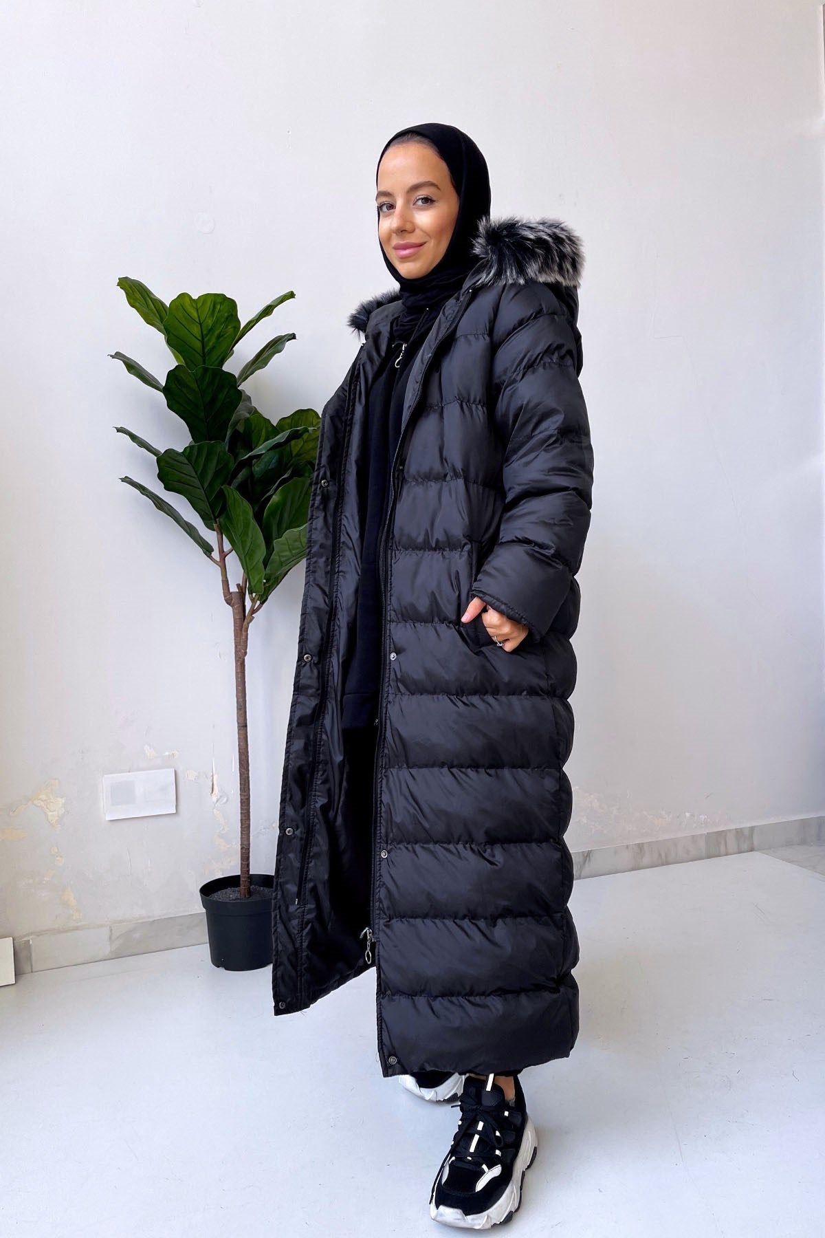 Hooded Fur Long Puffer Coat - Black