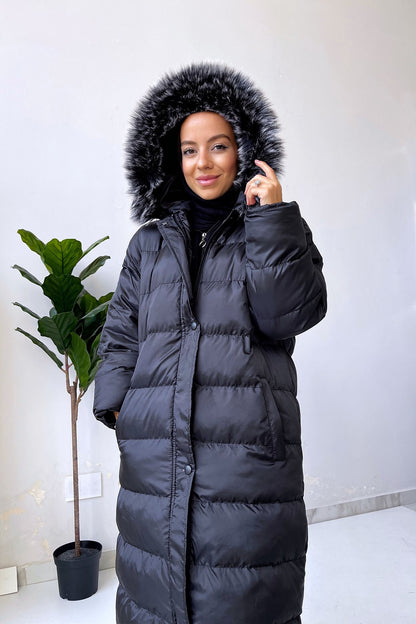 Hooded Fur Long Puffer Coat - Black