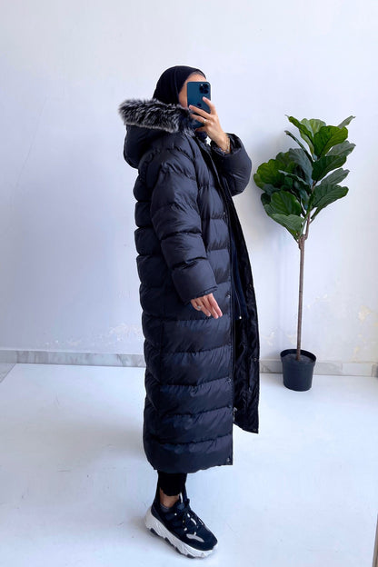 Hooded Fur Long Puffer Coat - Black