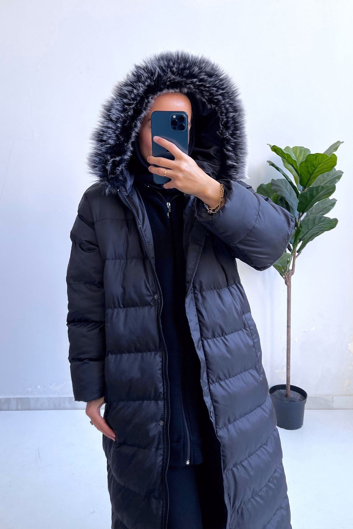 Hooded Fur Long Puffer Coat - Black