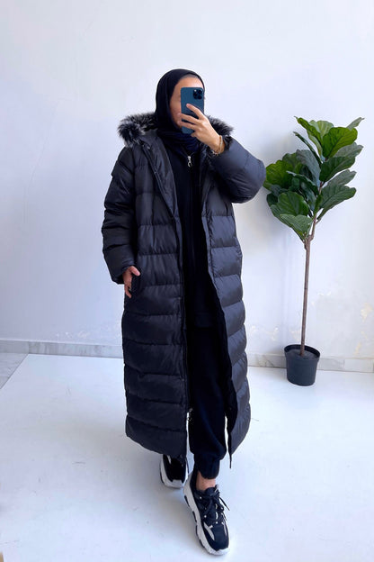 Hooded Fur Long Puffer Coat - Black