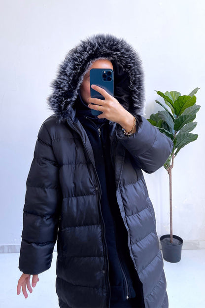 Hooded Fur Long Puffer Coat - Black