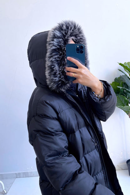 Hooded Fur Long Puffer Coat - Black