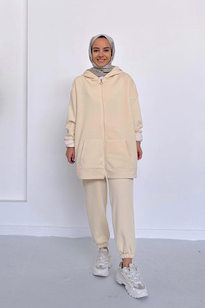 Hooded Tracksuit Suit - Cream