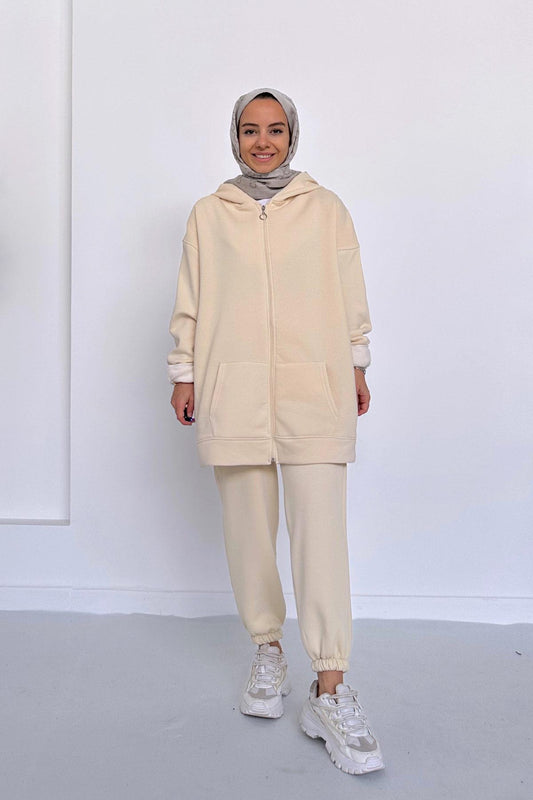 Hooded Tracksuit Suit - Cream