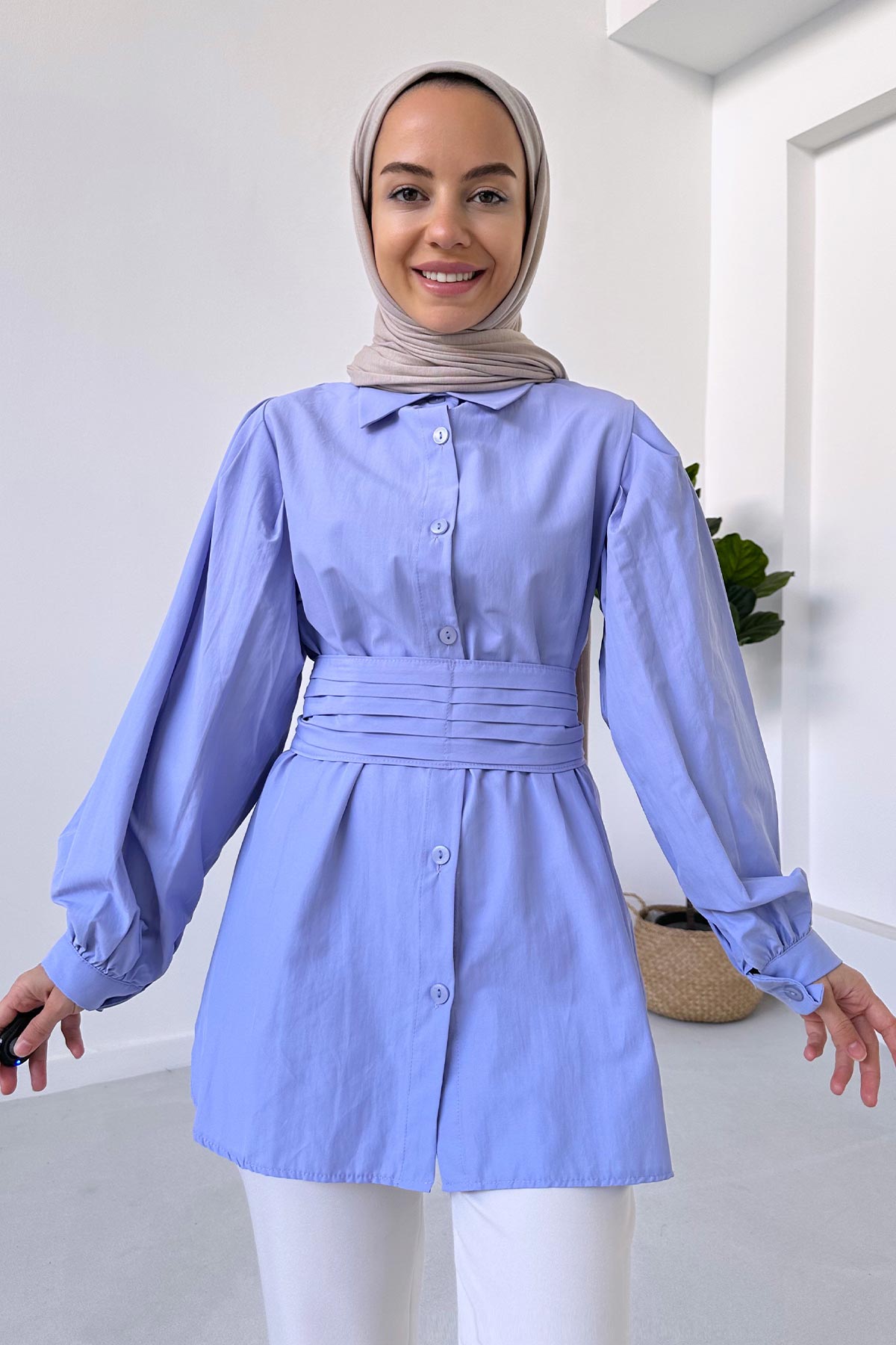 Balloon Sleeve Belted Shirt - Lilac