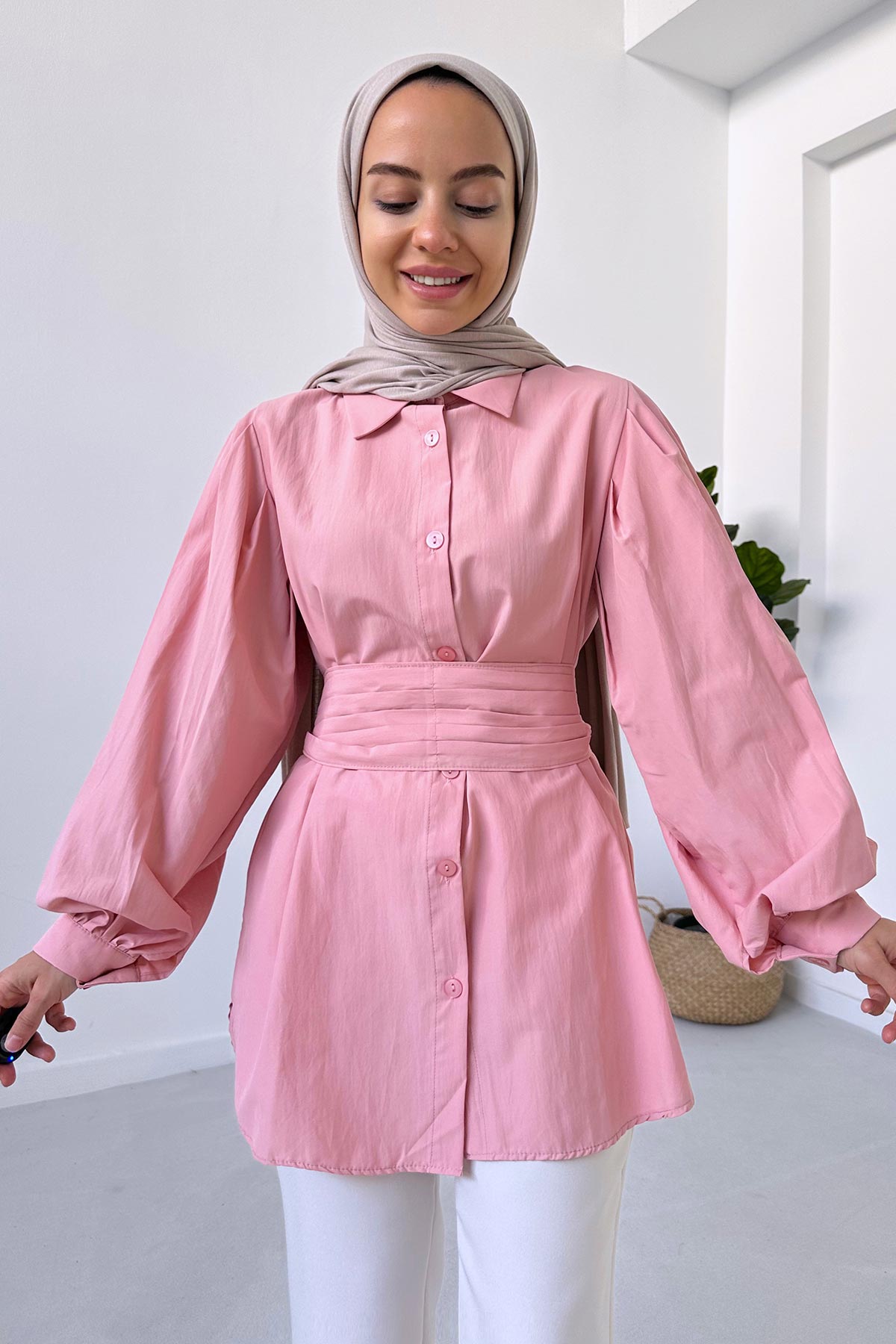 Balloon Sleeve Belted Shirt - Pink