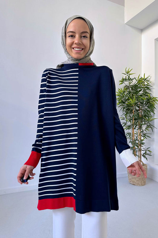 Line Detail Mercerized Tunic - Navy Blue/Red