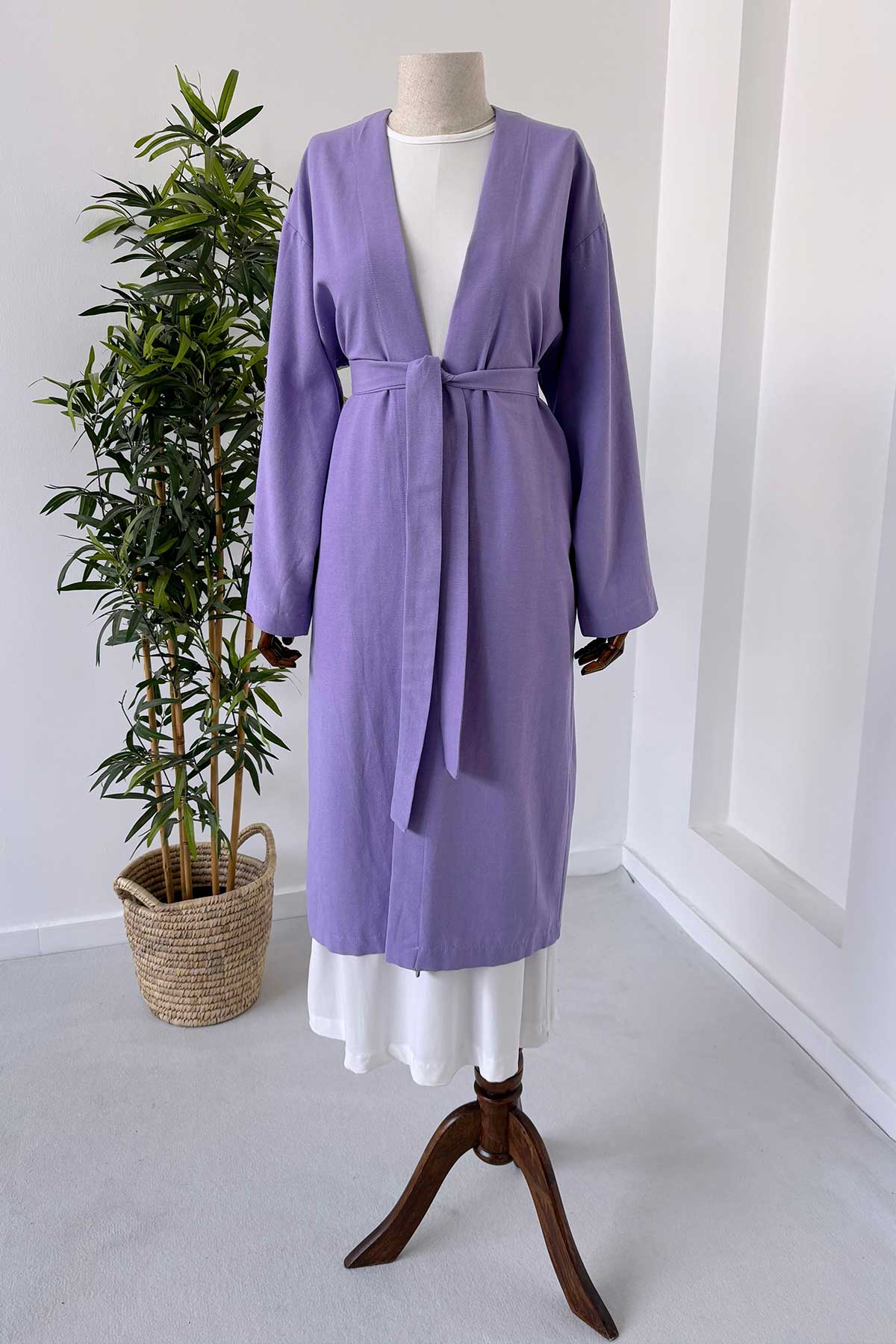 Long Belted Linen Kimono - Lilac