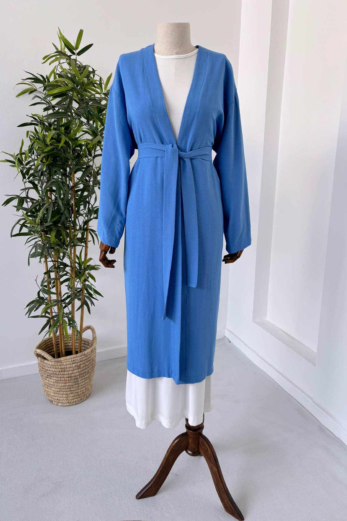 Long Belted Linen Kimono - Blue