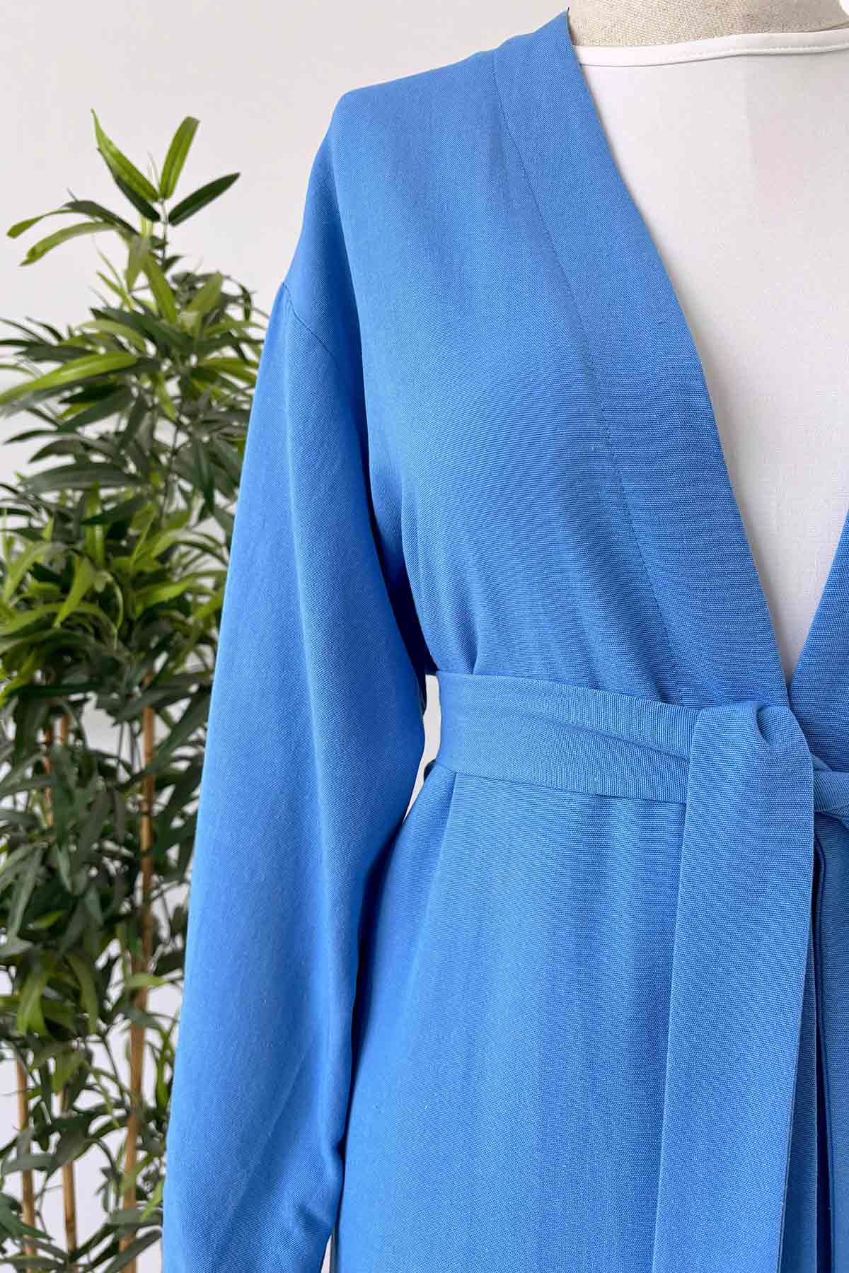 Long Belted Linen Kimono - Blue