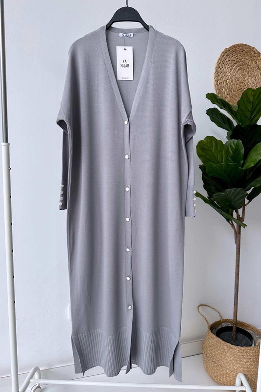 Maxi-Length Buttoned Mercerized Cardigan - Grey