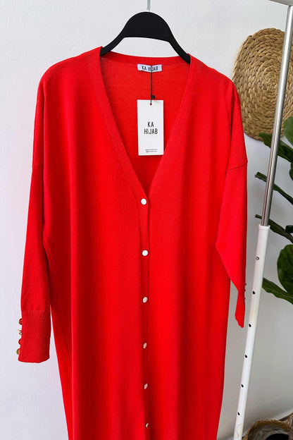 Maxi-Length Buttoned Mercerized Cardigan - Red