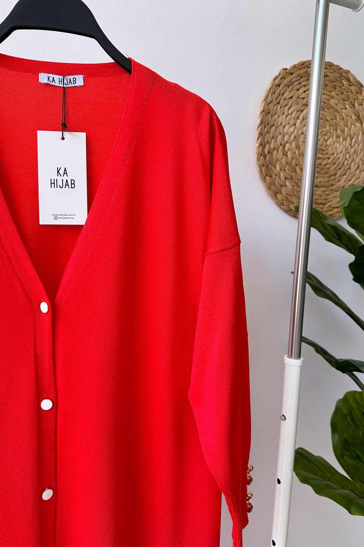 Maxi-Length Buttoned Mercerized Cardigan - Red