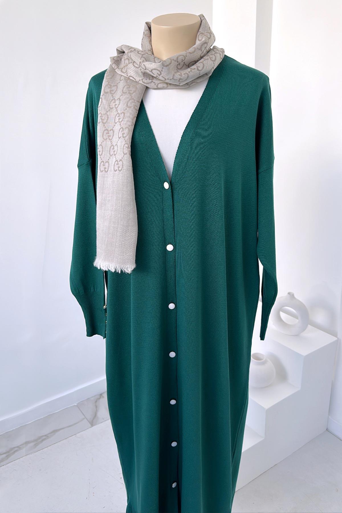 Maxi-Length Buttoned Mercerized Cardigan - Emerald Color