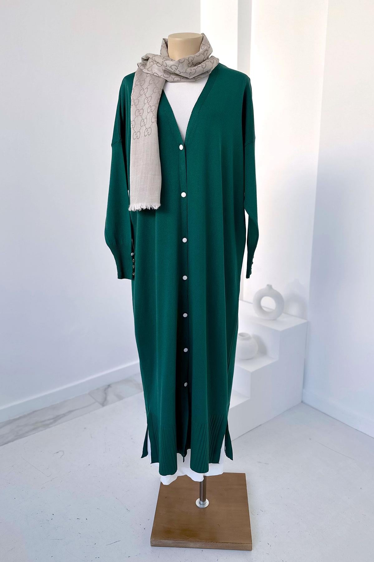 Maxi-Length Buttoned Mercerized Cardigan - Emerald Color