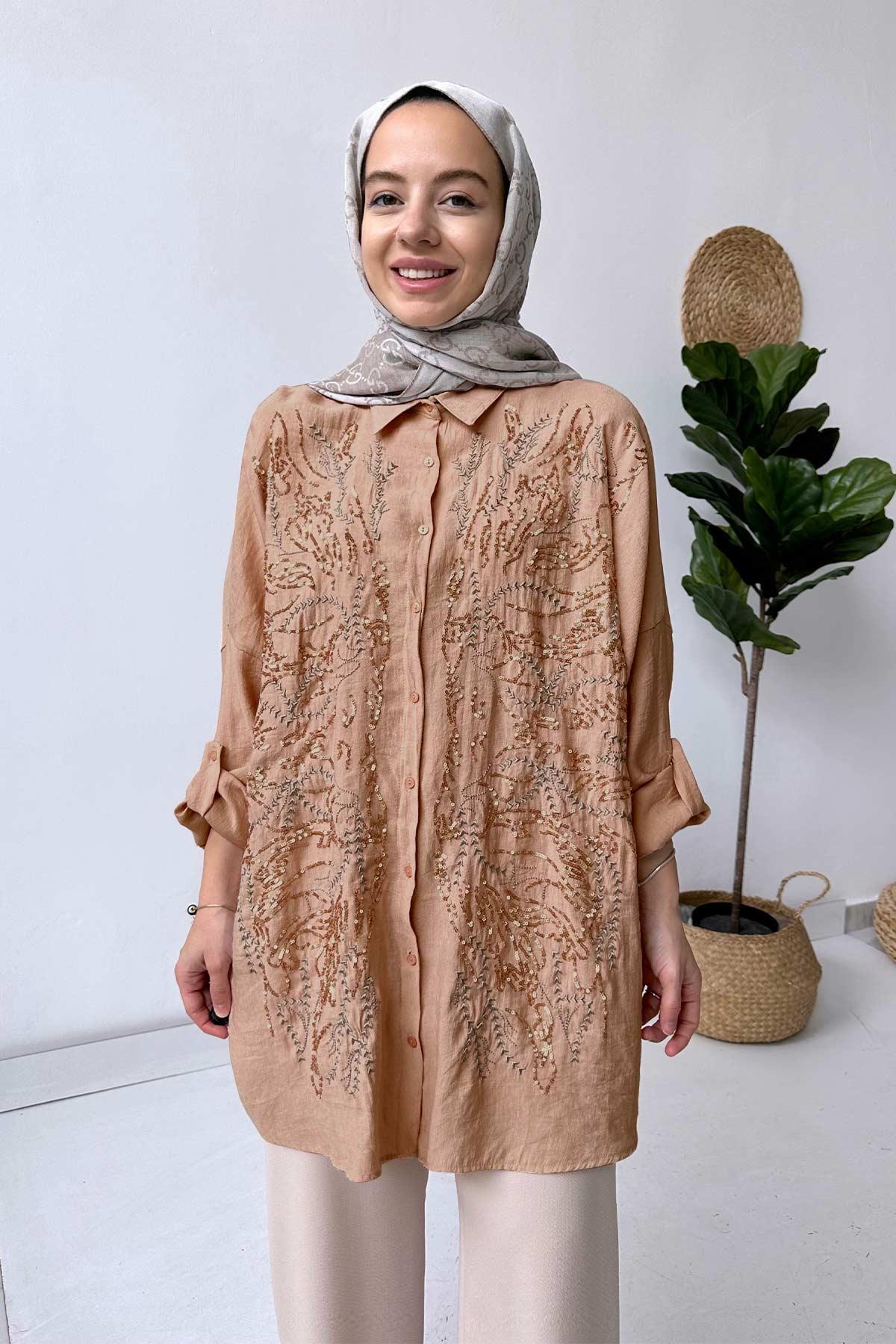 Oversize Shirt with Sequin Embroidery Front - Camel