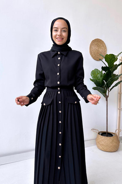 Pleated Shirt Collar Dress - Black