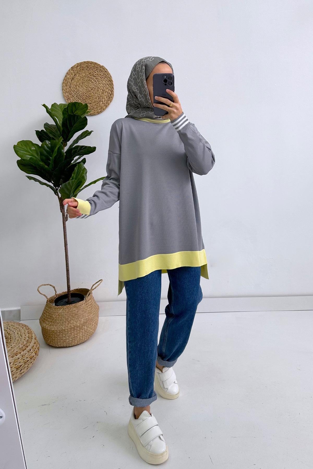 Colorful Mercerized Tunic - Grey/Yellow