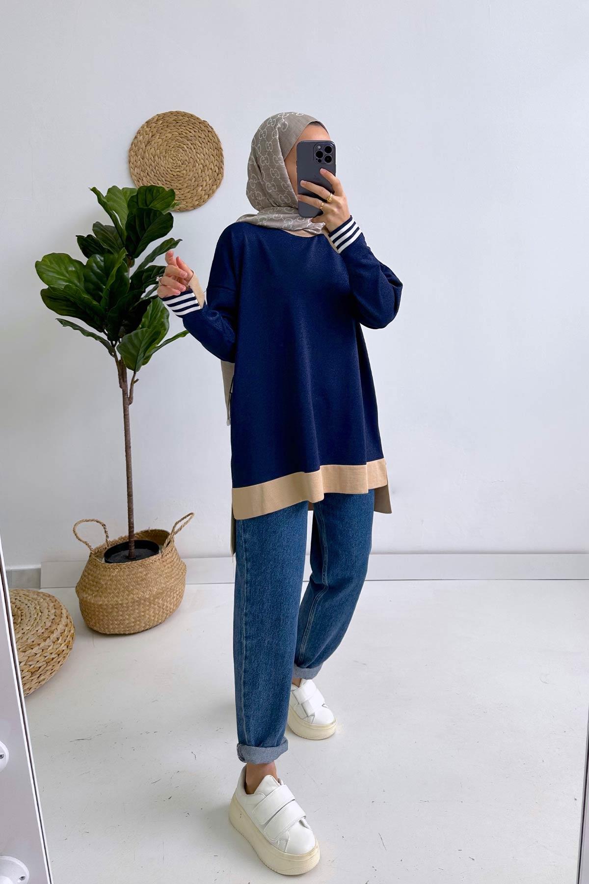 Colorful Mercerized Tunic - Navy Blue/Beige