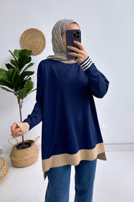 Colorful Mercerized Tunic - Navy Blue/Beige