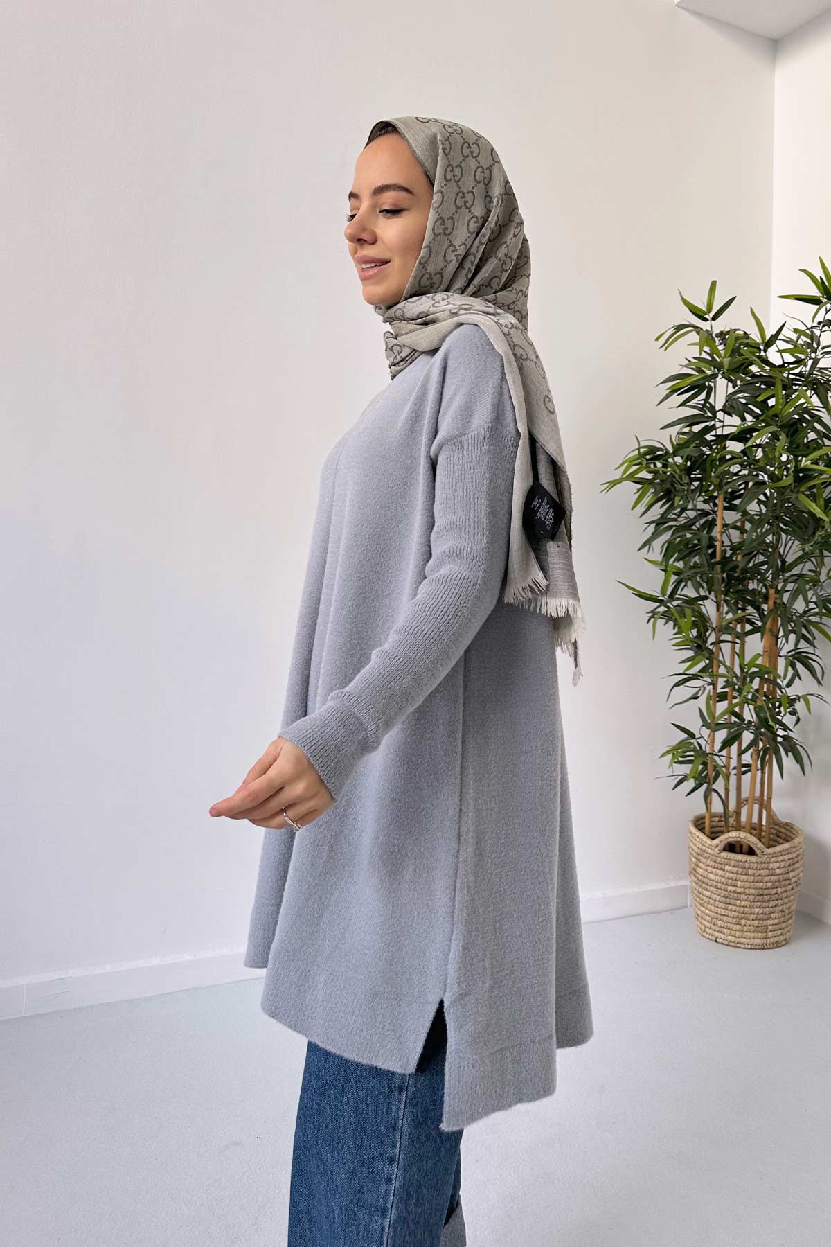 Slit Detail Bearded Tunic - Grey