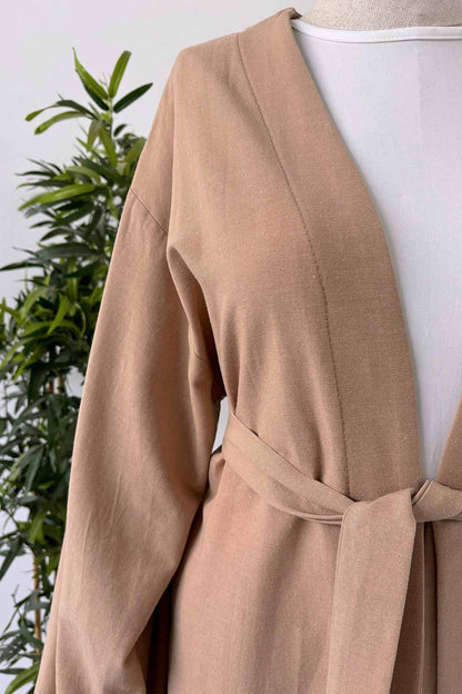 Long Belted Linen Kimono - Milk Coffee