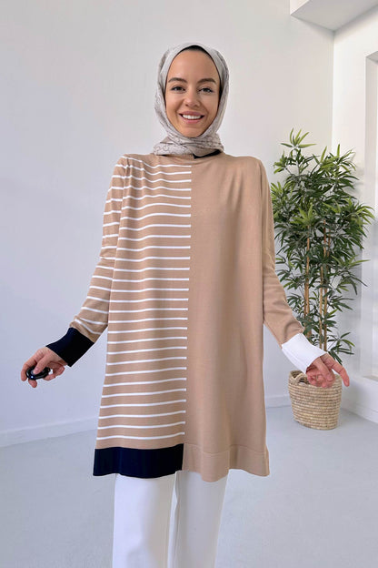 Line Detail Mercerized Tunic - Coffee Milk/Navy Blue