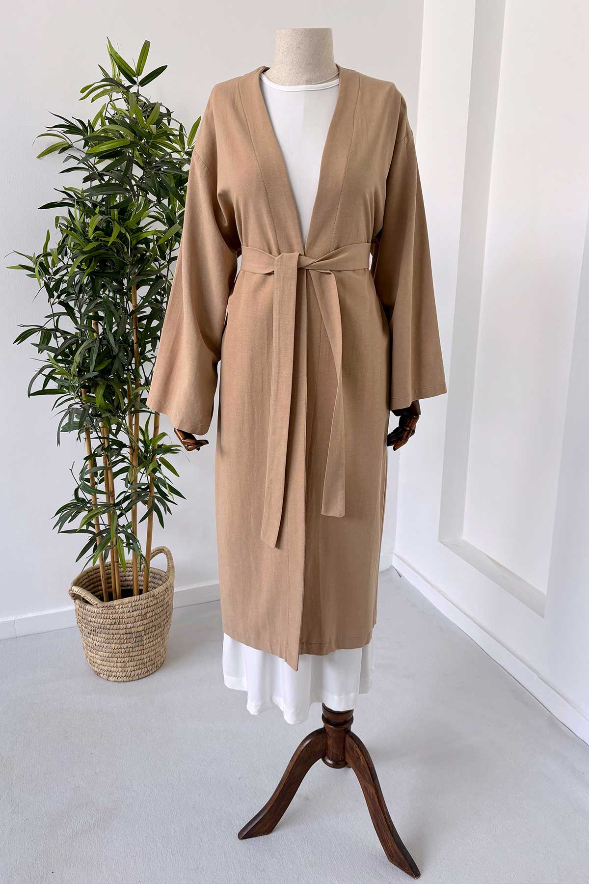 Long Belted Linen Kimono - Milk Coffee