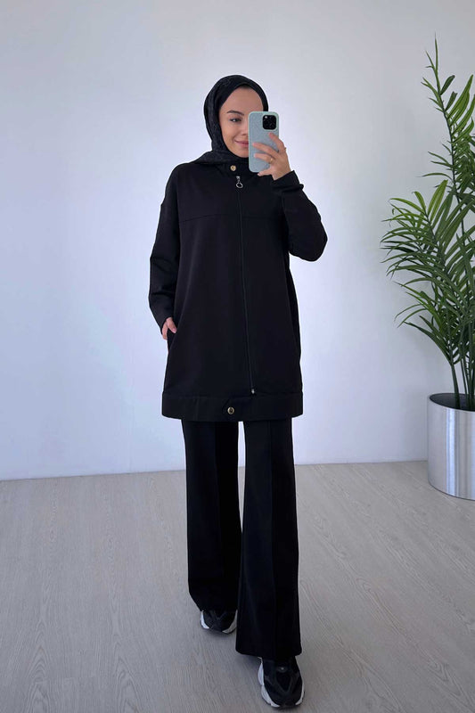 Collar Detail Suit with Side Pockets - Black