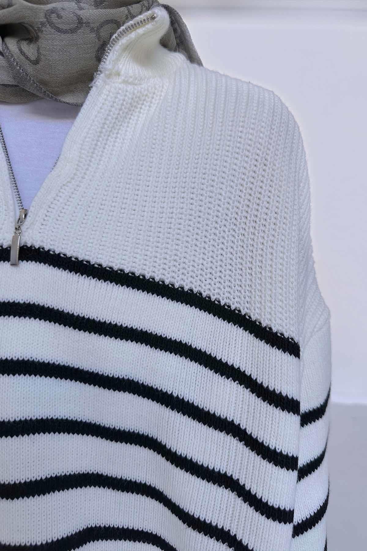 Collar Zipper Line Detail Knitwear Sweater - White/Black