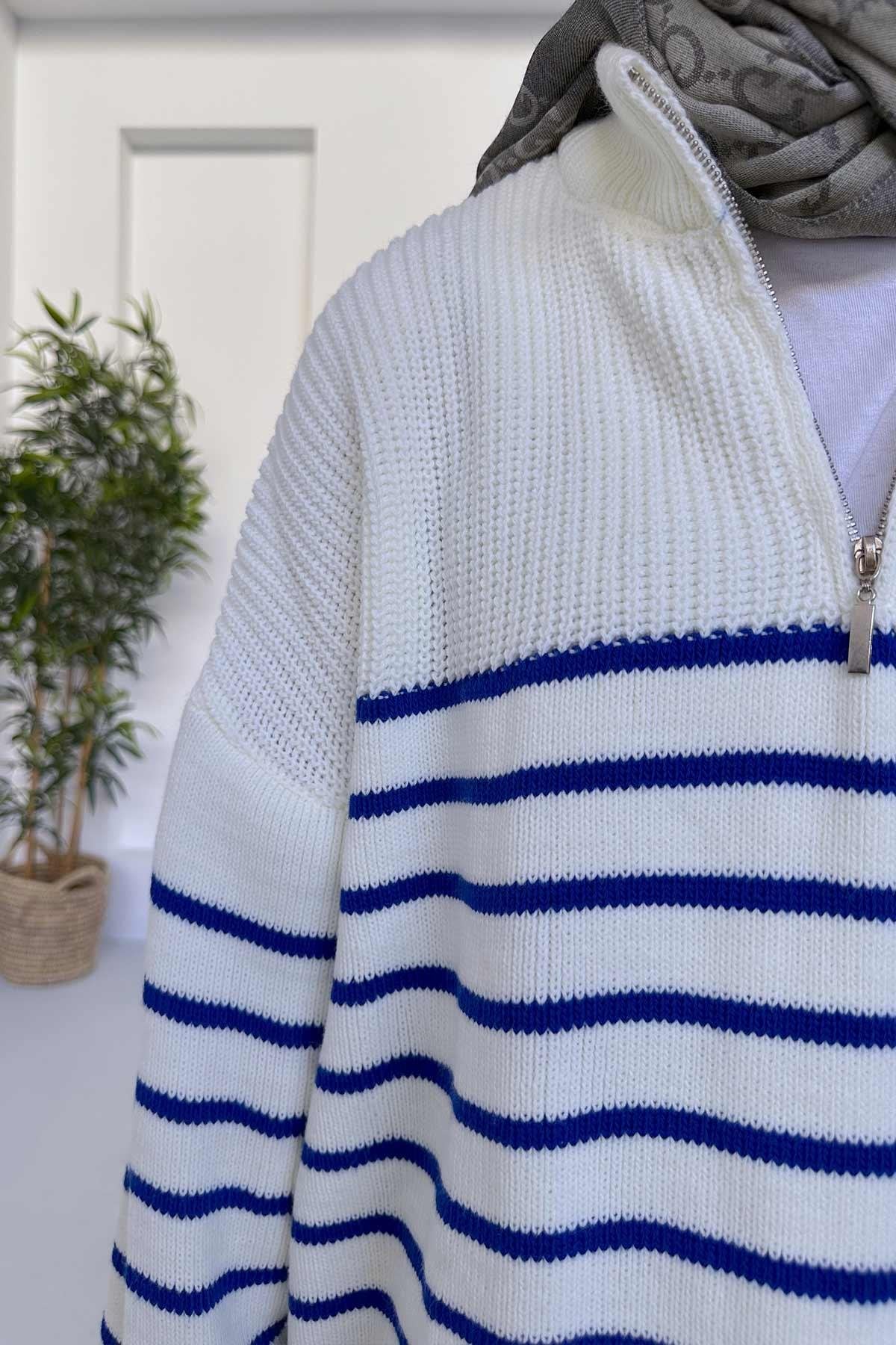 Collar Zipper Line Detail Knitwear Sweater - White/Saxe