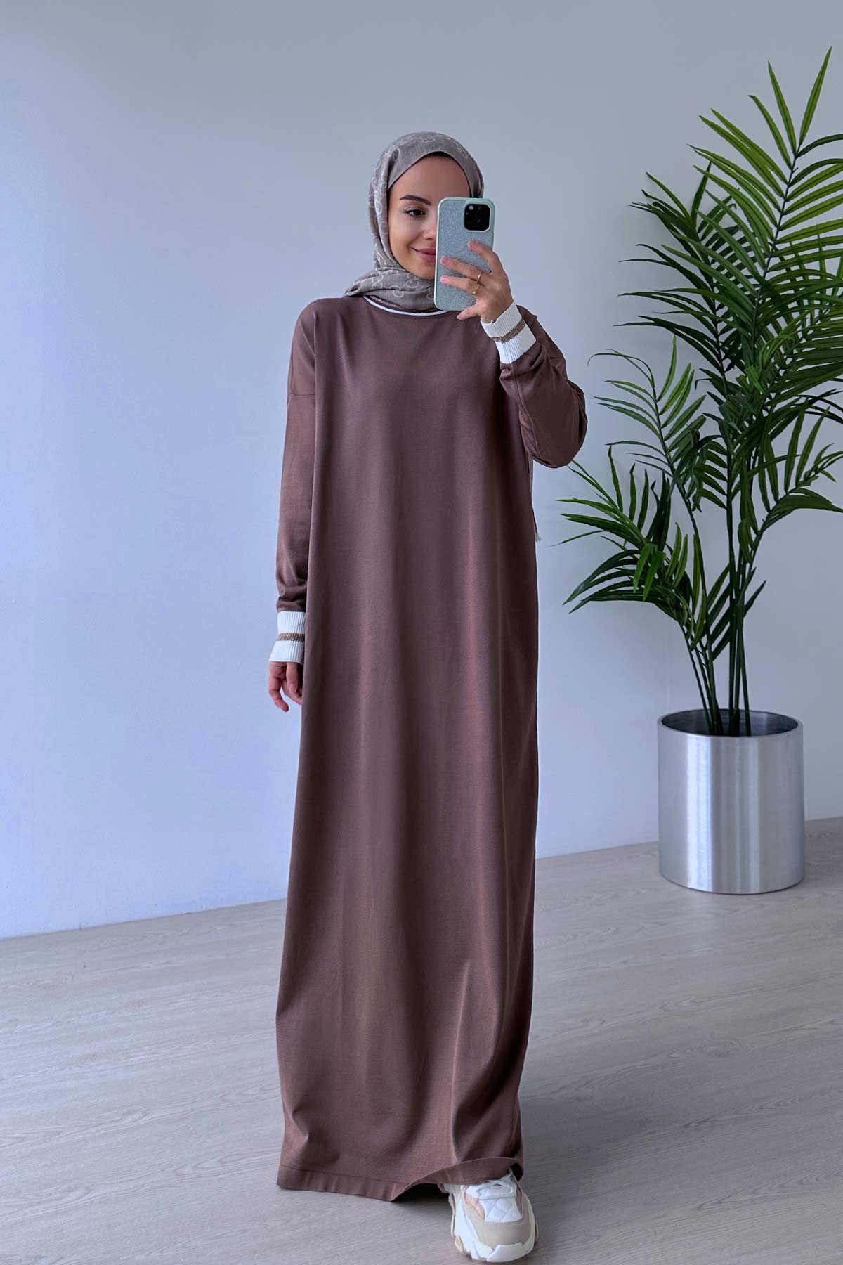 Mercerized with Collar Band Dress - Brown