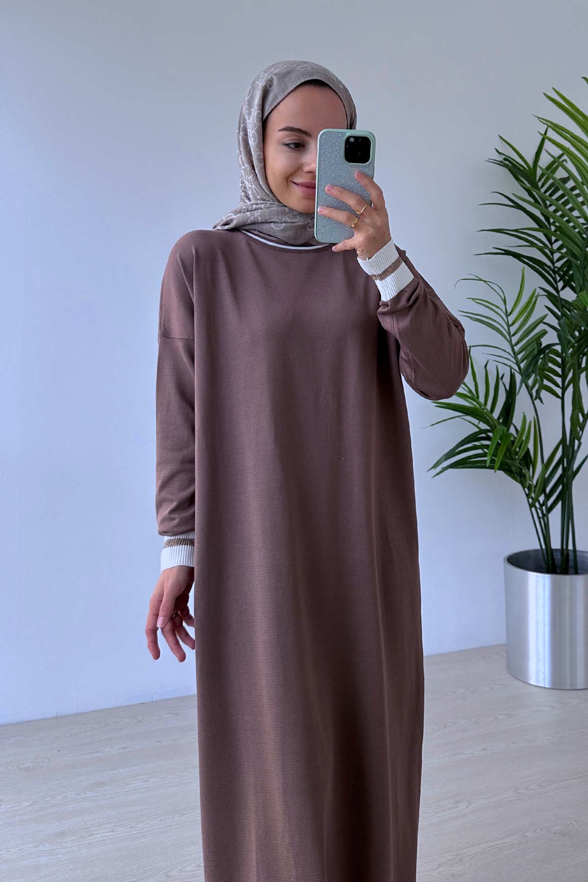 Mercerized with Collar Band Dress - Brown