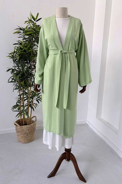 Long Belted Linen Kimono - Water Green