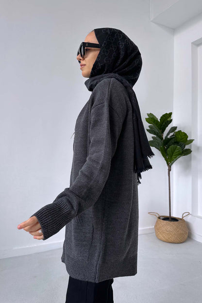 Knitted Zip Cardigan with Pockets - Anthracite