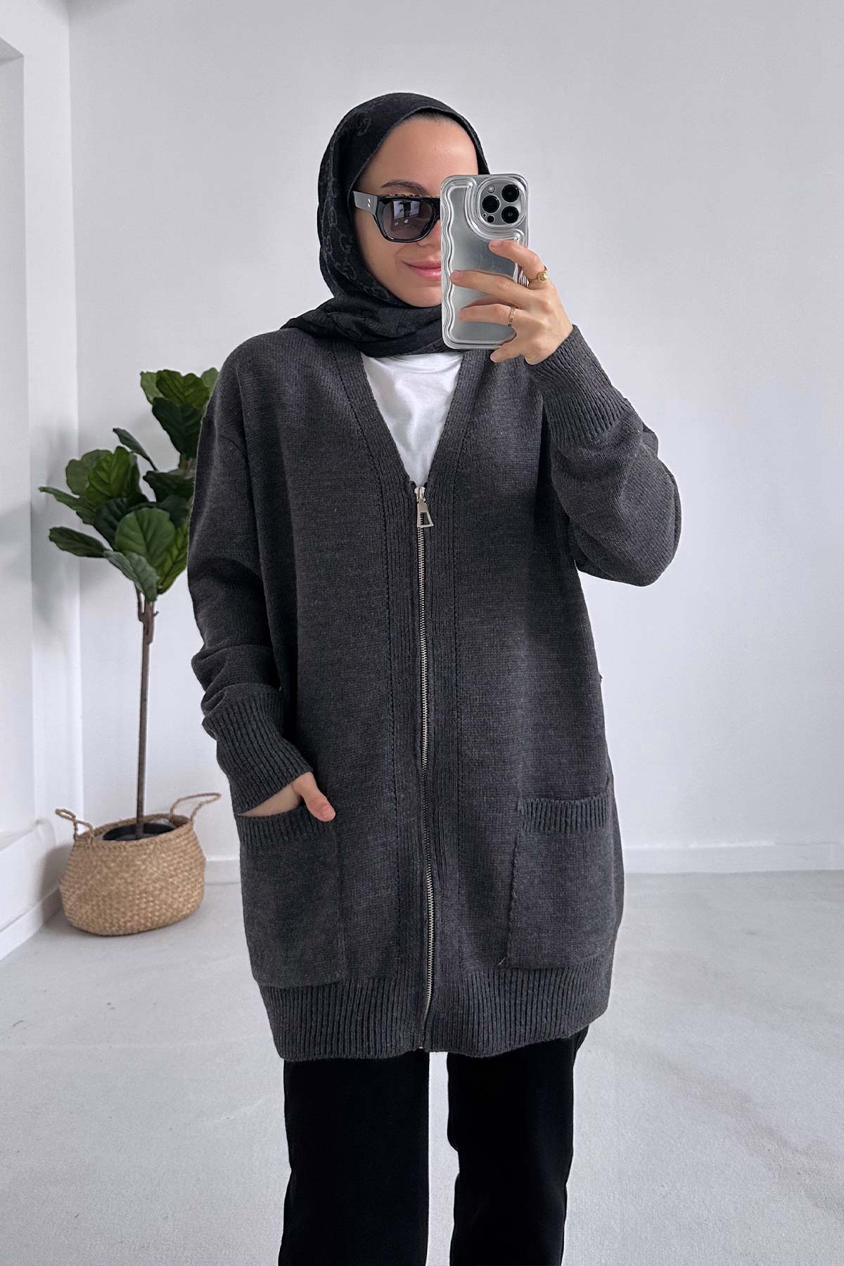 Knitted Zip Cardigan with Pockets - Anthracite