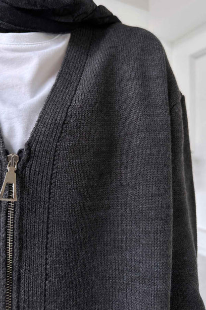 Knitted Zip Cardigan with Pockets - Anthracite