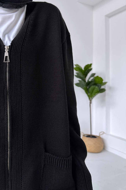 Knitted Zip Cardigan with Pockets - Black