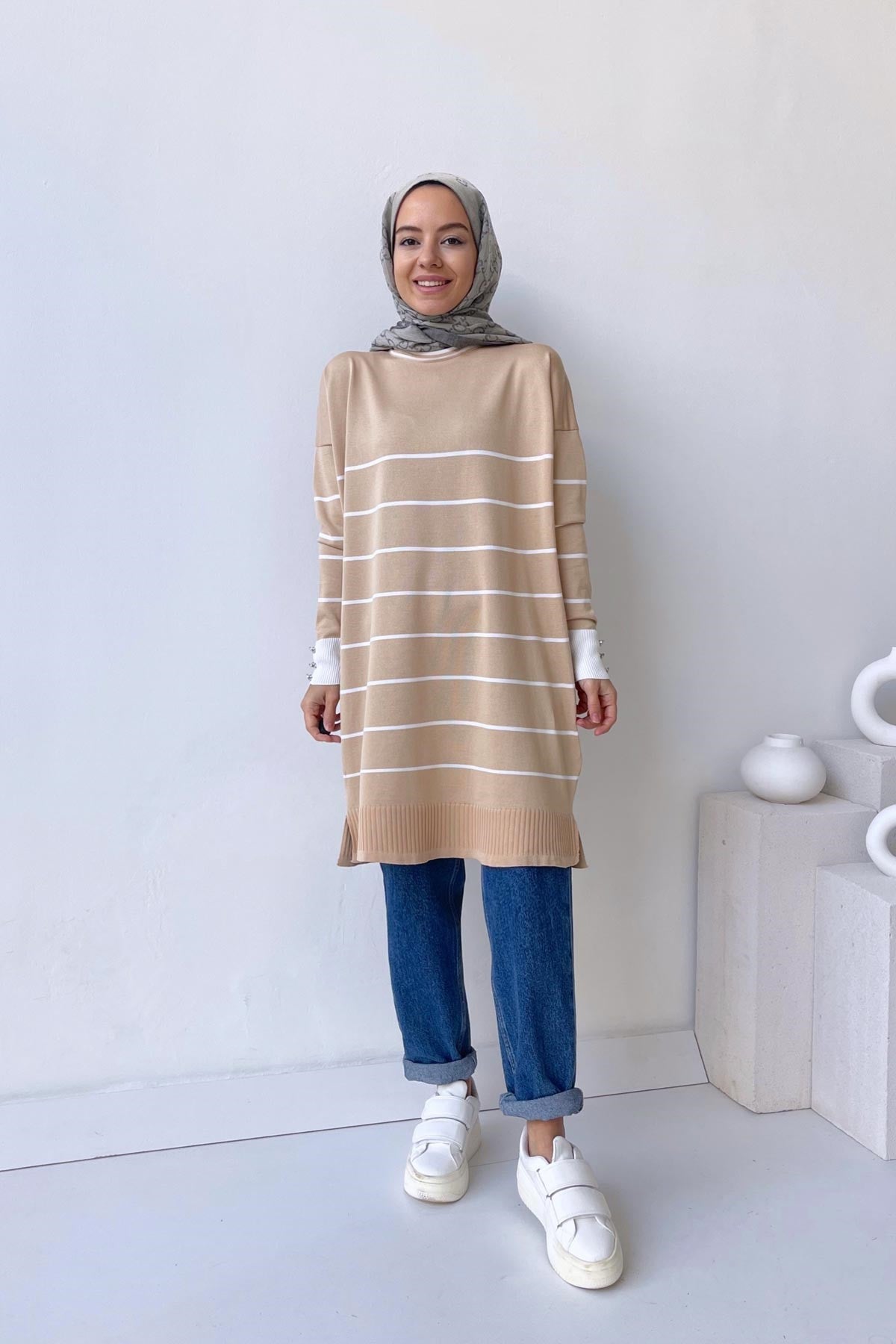 Bicycle Collar Striped Mercerized Tunic - Beige