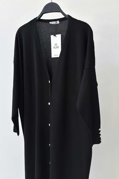 Maxi-Length Buttoned Mercerized Cardigan - Black