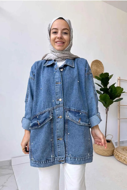 Denim Jacket with Double Pocket Stones - Blue