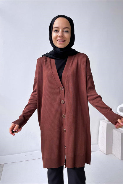 Mercerized Cardigan with Button Wick - Brown