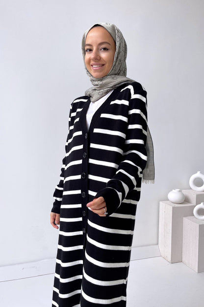 Striped Long Button Knitwear Cardigan - Black