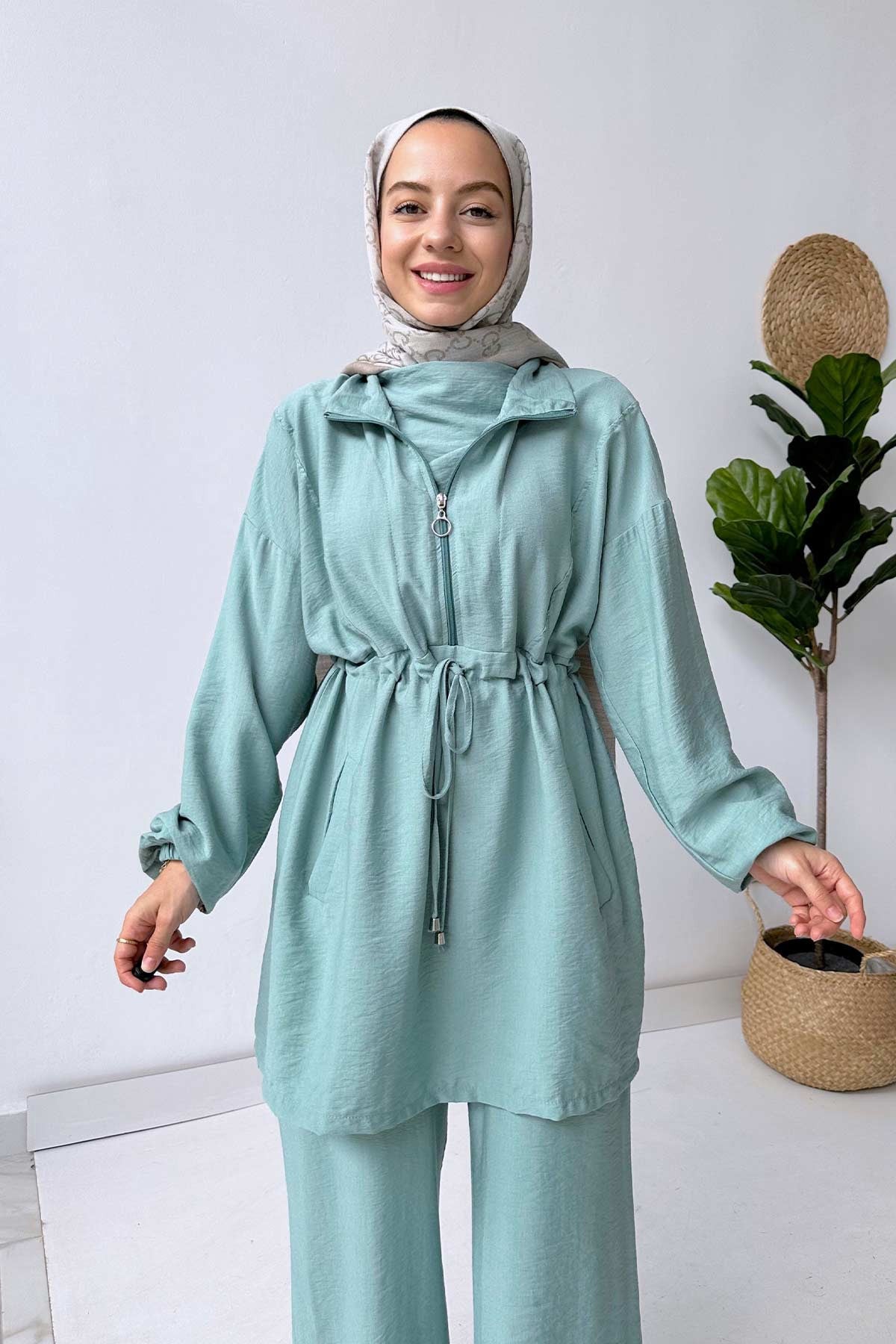 Collar Detail Beltied Suit - Green