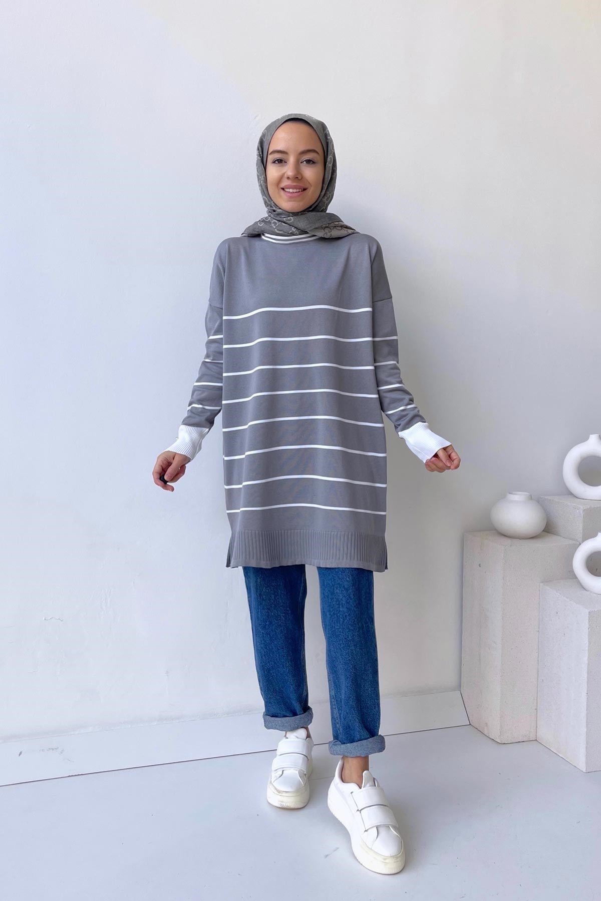 Bicycle Collar Striped Mercerized Tunic - Grey