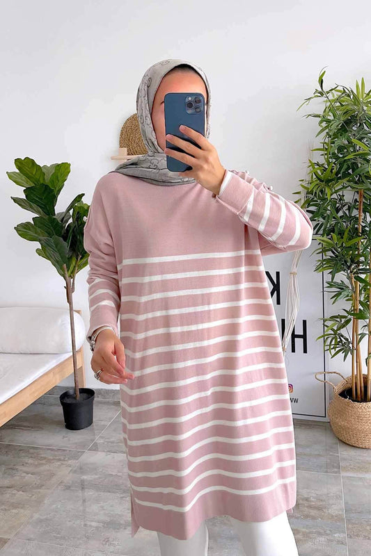 Button Detail Striped Knitwear Tunic - Pink