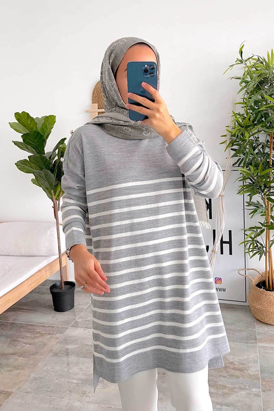 Button Detail Striped Knitwear Tunic - Grey