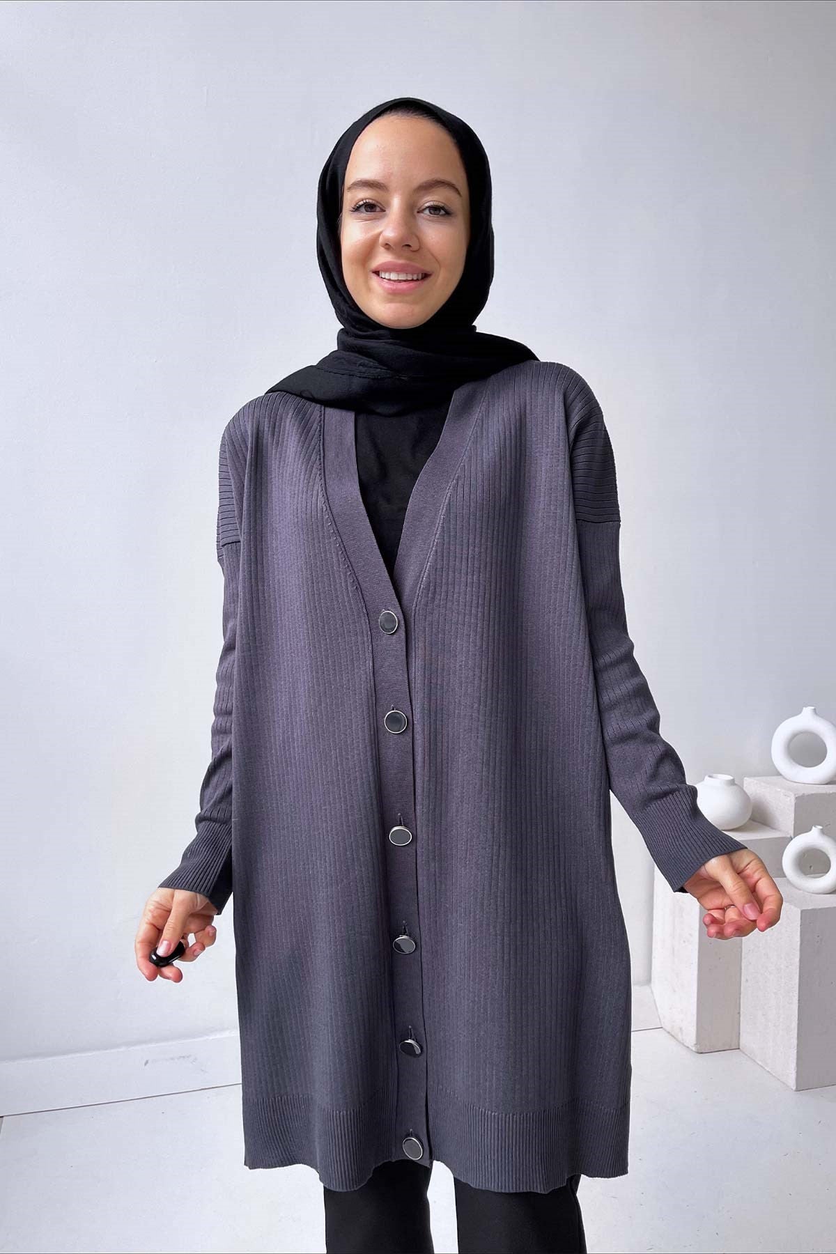 Mercerized Cardigan with Button Wick - Anthracite