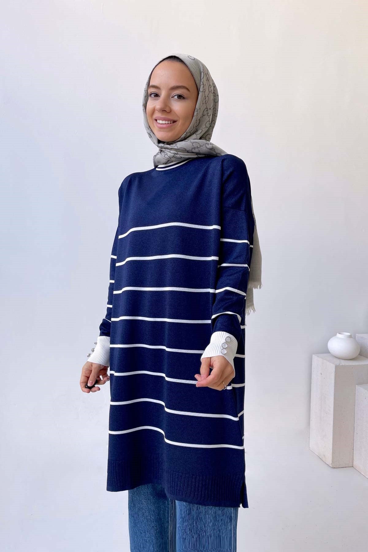 Bicycle Collar Striped Mercerized Tunic - Navy Blue